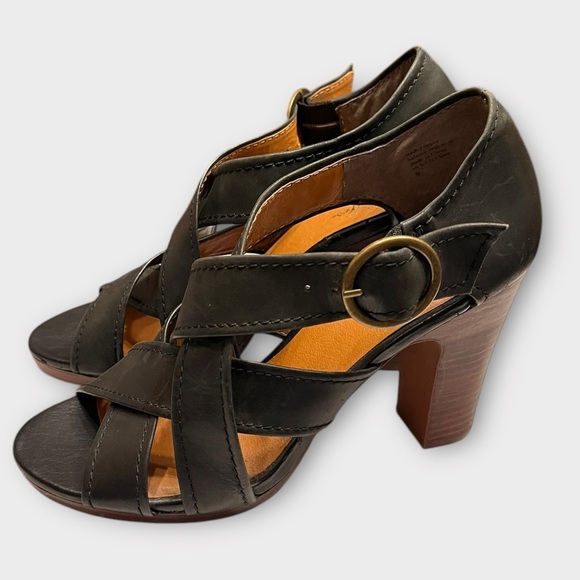 SEYCHELLES black leather stacked wood block heel strappy sandals Size 9 - Picture 1 of 8